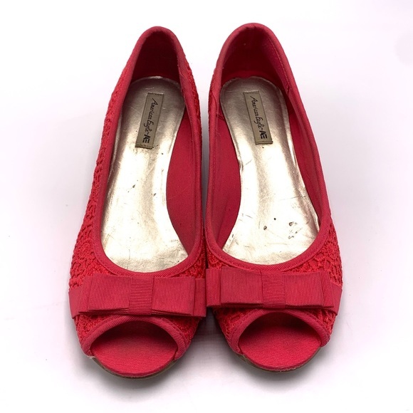 American Eagle Pink Peep Toe Crochet Cork Wedges - Picture 5 of 14
